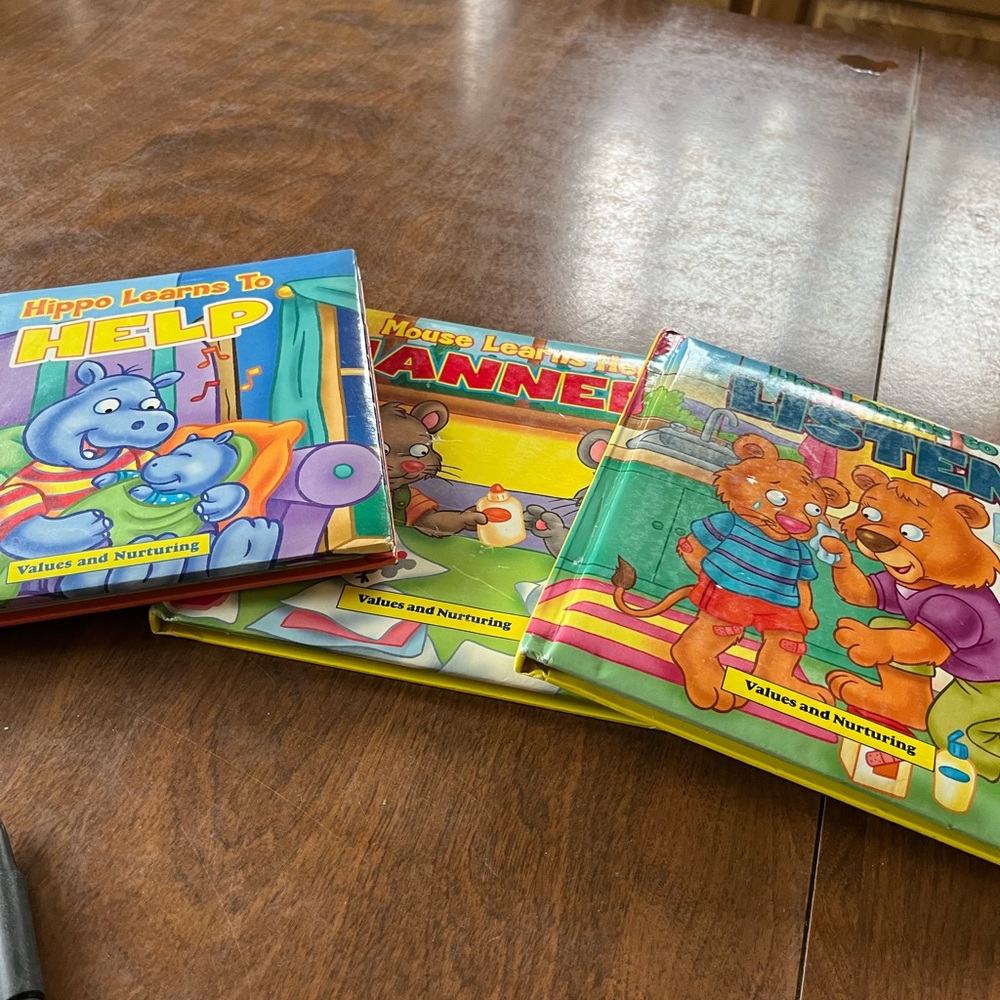 Three books Lion learns to listen, Hippo learns to help, Mouse learns her manner